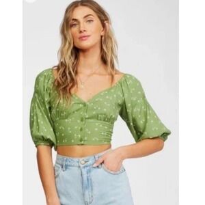 BILLABONG Pretty Puff Green Floral Print Button-Up‎ Crop Smocked NWT